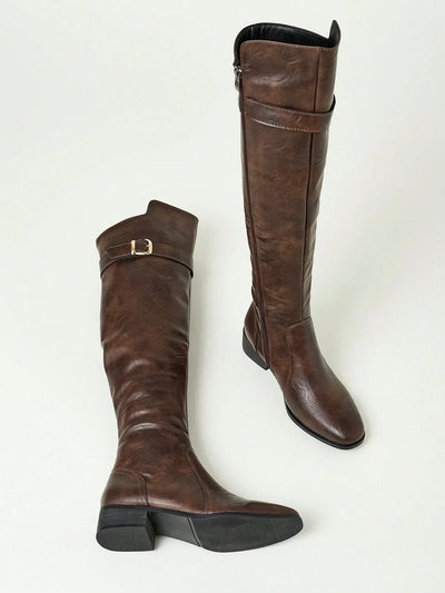 Women Faux Suede Buckle Decor Zipper Side Chunky Heeled Knee High Black Riding Boots