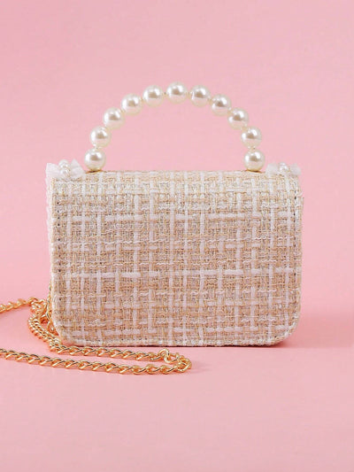 1pc Mini Girls' Cloth Shoulder Bag With Bowknot, Pearl Beads, Lace Edge And Metal Chain