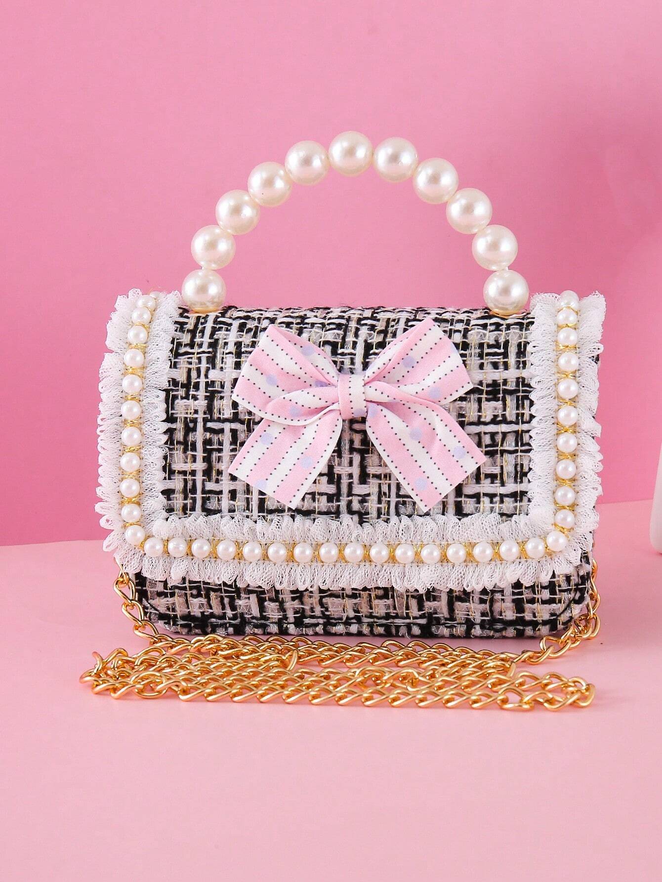 1pc Mini Girls' Cloth Shoulder Bag With Bowknot, Pearl Beads, Lace Edge And Metal Chain