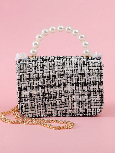 1pc Mini Girls' Cloth Shoulder Bag With Bowknot, Pearl Beads, Lace Edge And Metal Chain