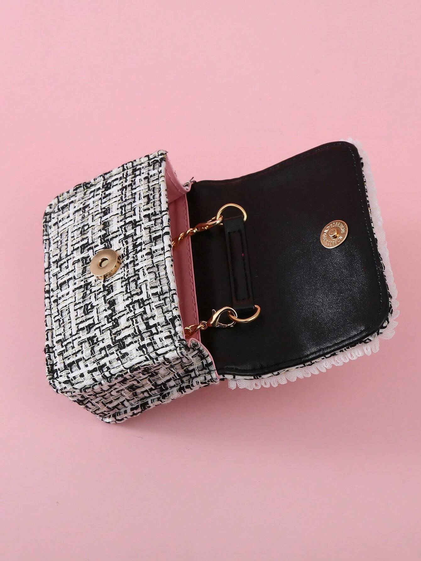 1pc Mini Girls' Cloth Shoulder Bag With Bowknot, Pearl Beads, Lace Edge And Metal Chain