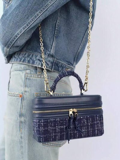 Fashionable Hard-Sided Blue Square Handbag, With Dual Shoulder Straps