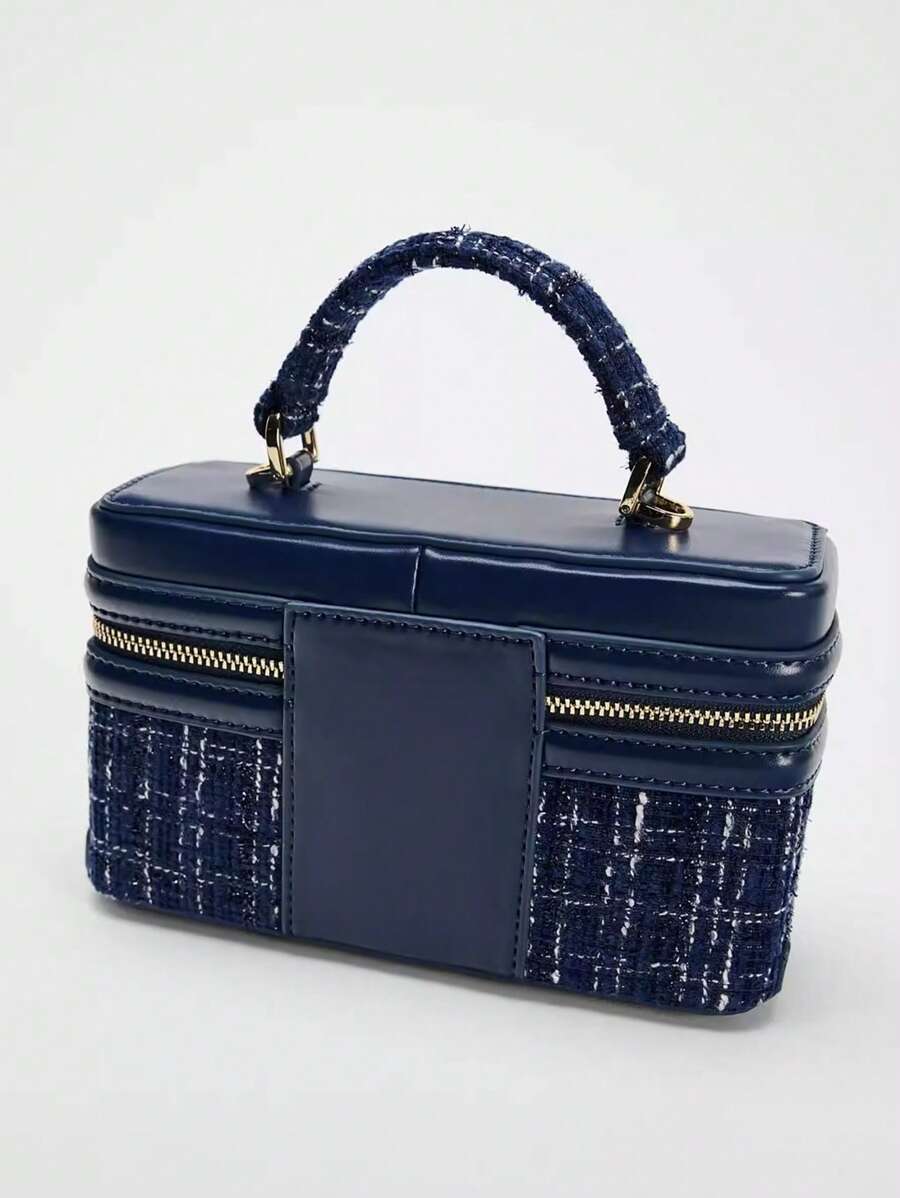 Fashionable Hard-Sided Blue Square Handbag, With Dual Shoulder Straps