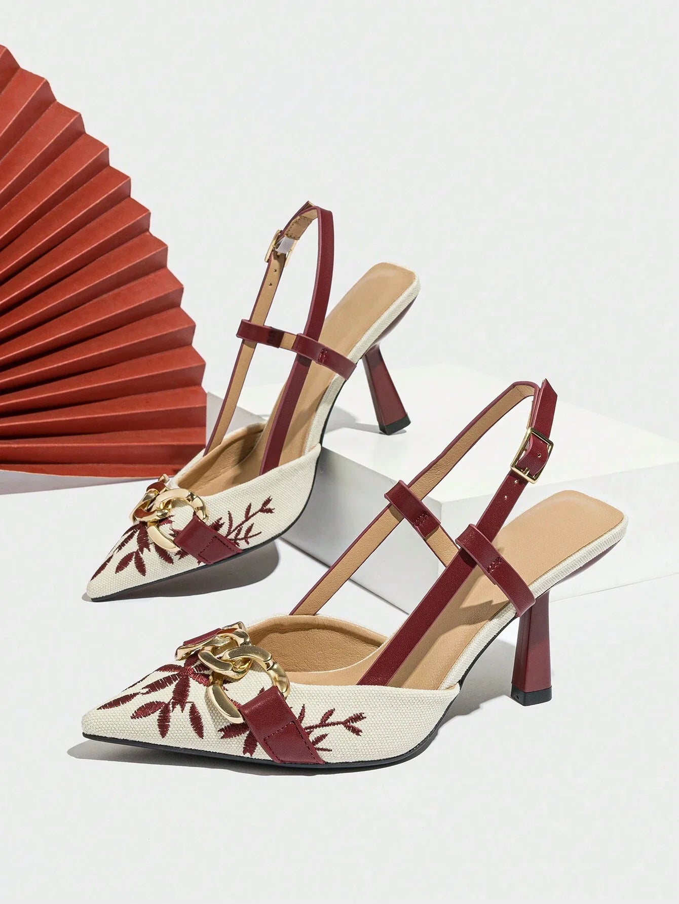 Women's Embroidery Chain Decor Pointed Toe Slip-On High Heel Sandals
