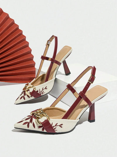 Women's Embroidery Chain Decor Pointed Toe Slip-On High Heel Sandals