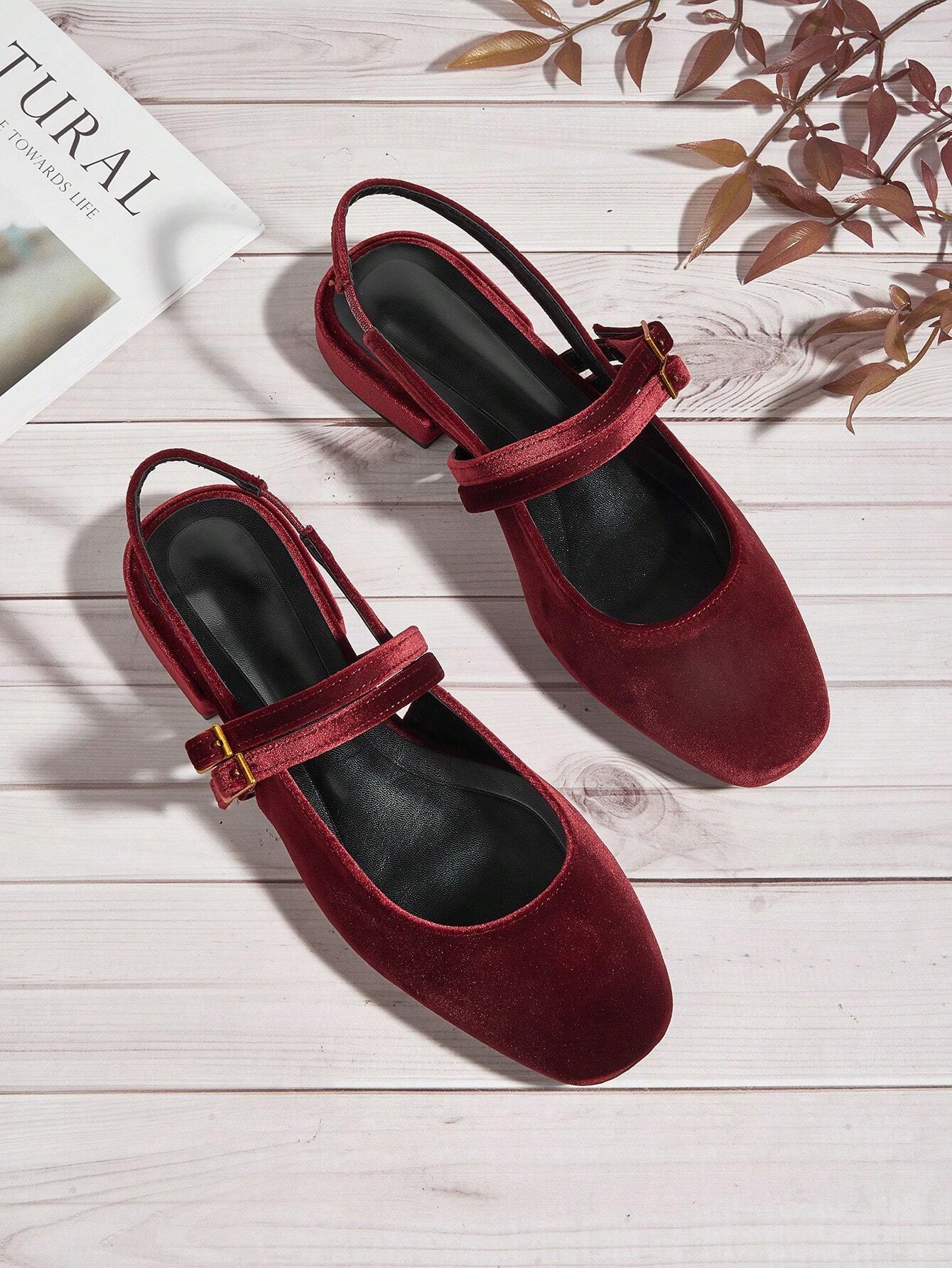 Holiday-Style Wine Red Round Toe Buckled Flat Shoes