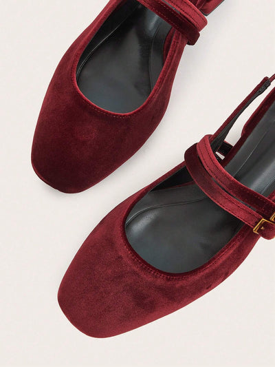Holiday-Style Wine Red Round Toe Buckled Flat Shoes