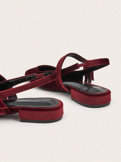Holiday-Style Wine Red Round Toe Buckled Flat Shoes