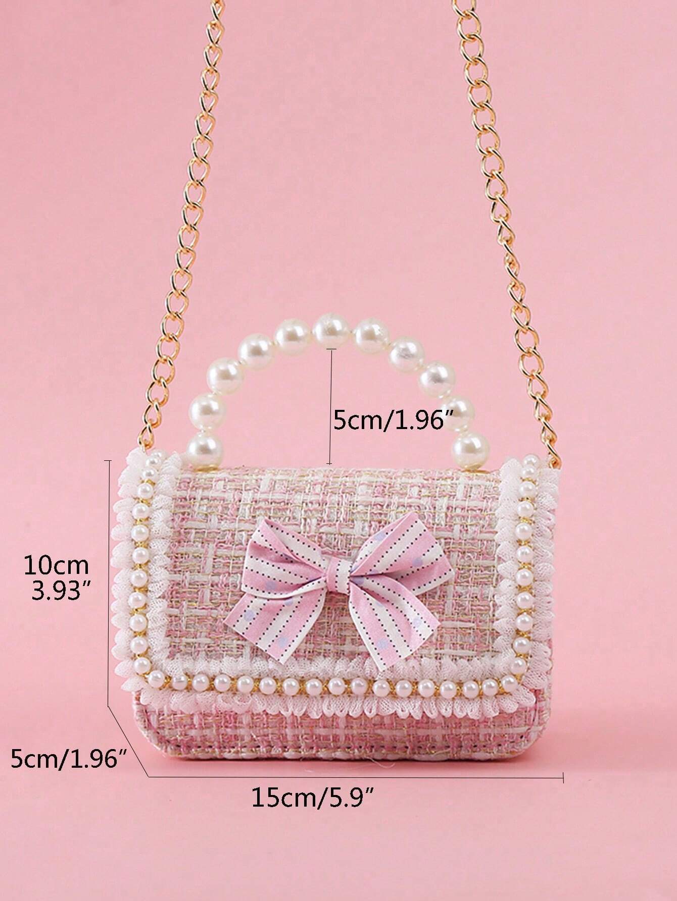1pc Mini Girls' Cloth Shoulder Bag With Bowknot, Pearl Beads, Lace Edge And Metal Chain