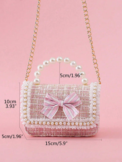 1pc Mini Girls' Cloth Shoulder Bag With Bowknot, Pearl Beads, Lace Edge And Metal Chain