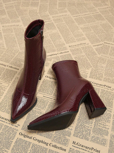 New Elegant Wine Red Thick Heel High Heel Pointed Toe Women Boots