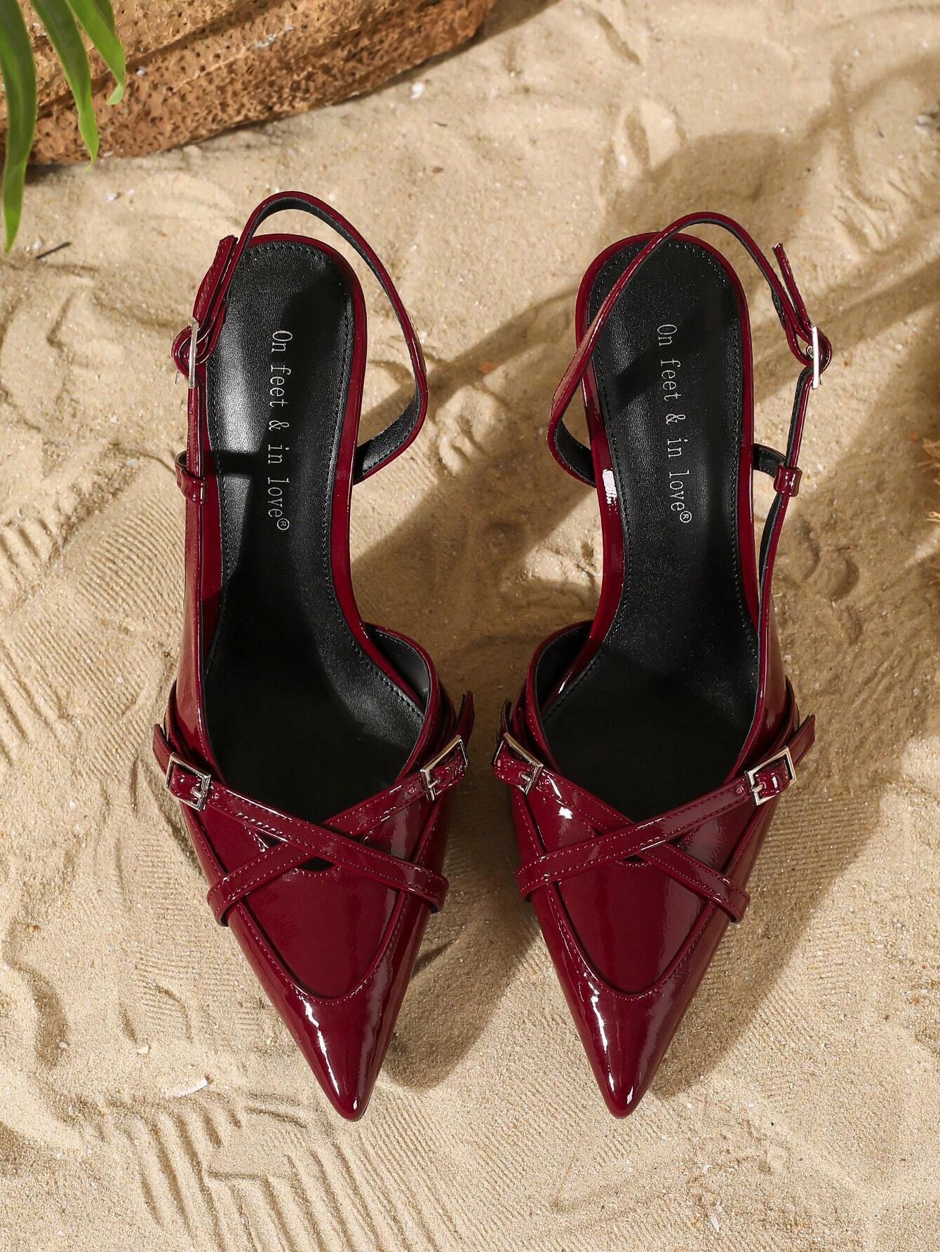 Women's Elegant Crisscross Strap Pointed Toe V-Cut Buckle High Heel Pumps