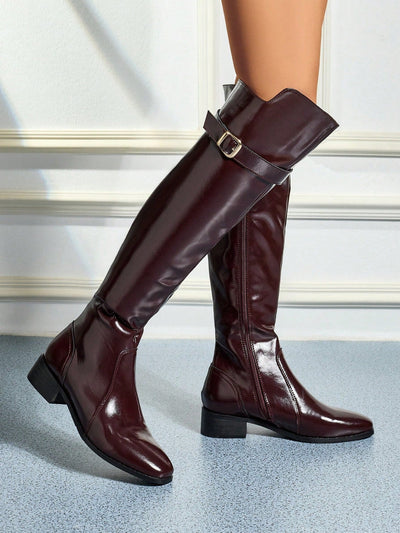 Women Faux Suede Buckle Decor Zipper Side Chunky Heeled Knee High Black Riding Boots