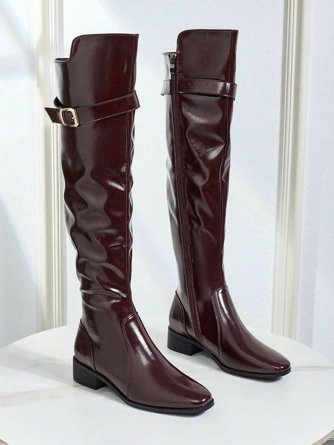 Women Faux Suede Buckle Decor Zipper Side Chunky Heeled Knee High Black Riding Boots