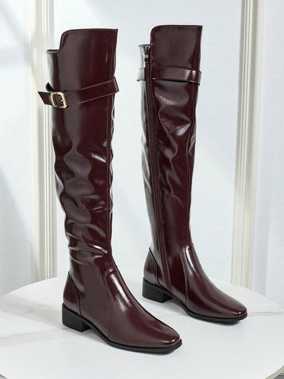 Women Faux Suede Buckle Decor Zipper Side Chunky Heeled Knee High Black Riding Boots