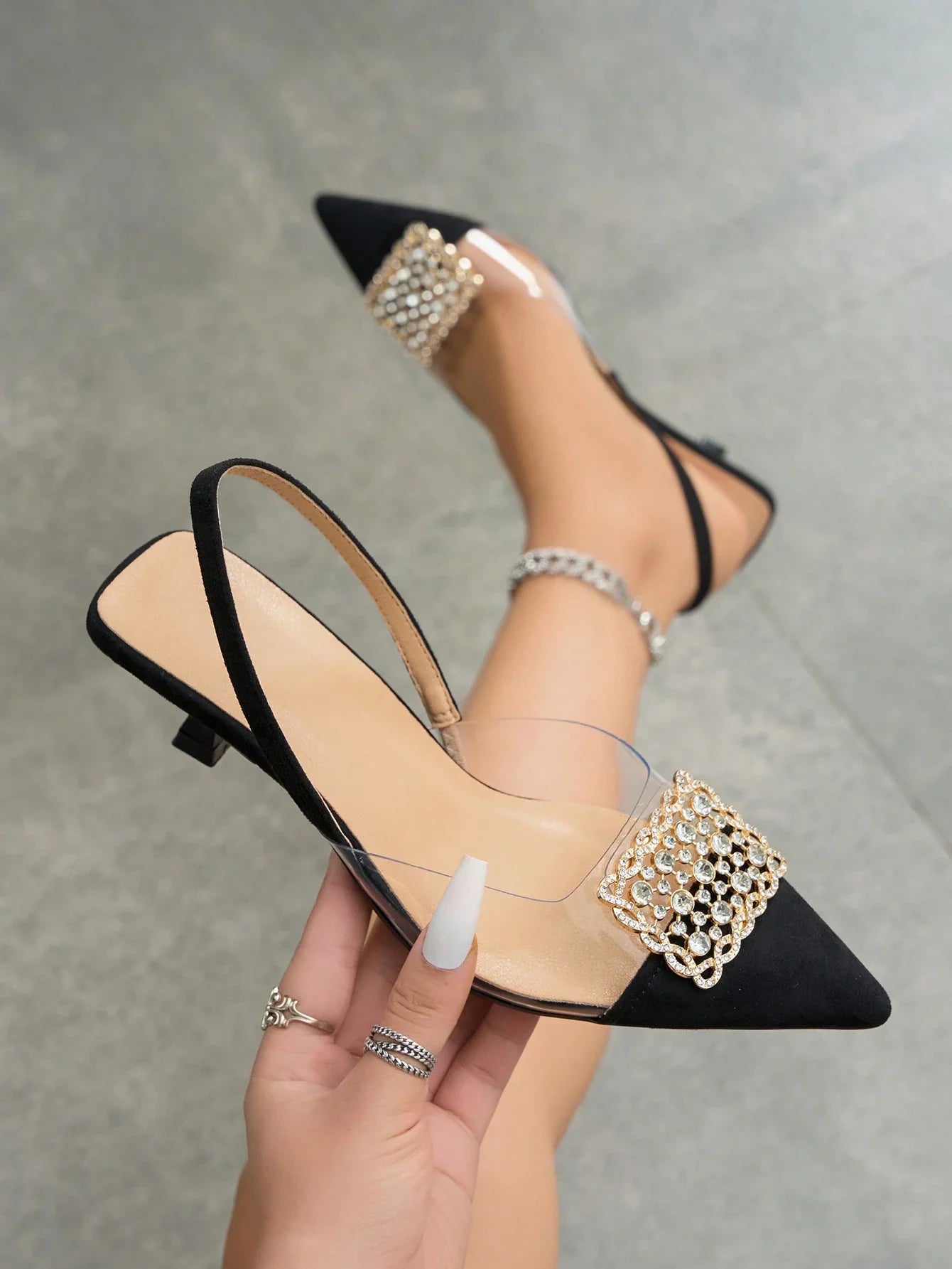 Women's Rhinestone Decorated Pointed Toe Slingback Kitten Heel Slip-On Pumps