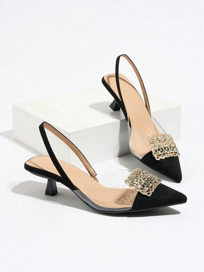 Women's Rhinestone Decorated Pointed Toe Slingback Kitten Heel Slip-On Pumps