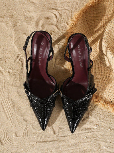 Women's Elegant Crisscross Strap Pointed Toe V-Cut Buckle High Heel Pumps