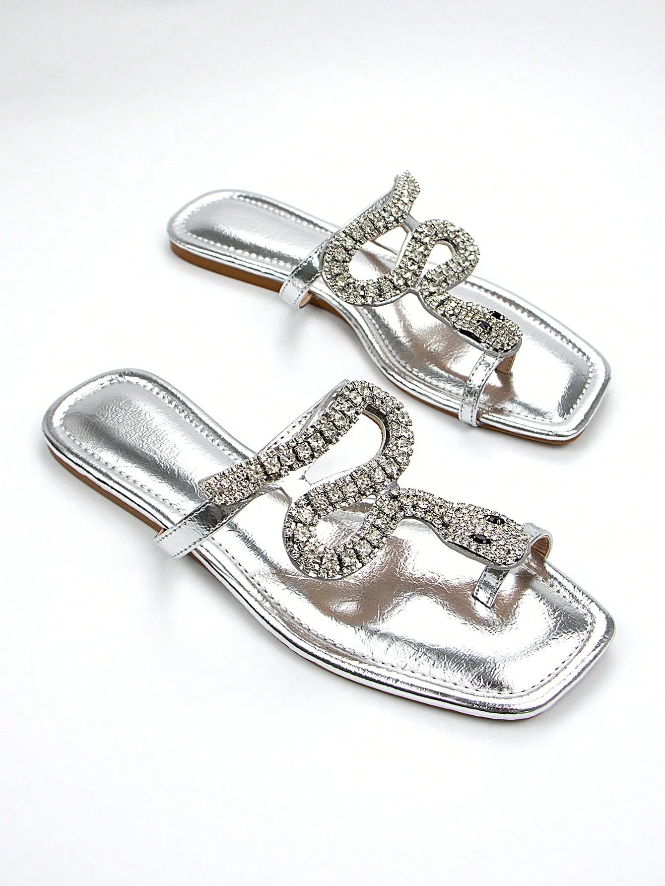 Women's Glamorous 3D Snake Crystal Chain Toe Slip-On Flat Mule Sandals