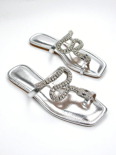 Women's Glamorous 3D Snake Crystal Chain Toe Slip-On Flat Mule Sandals