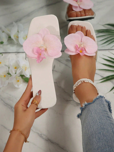 French Style Floral Strap Flat Slide Sandals