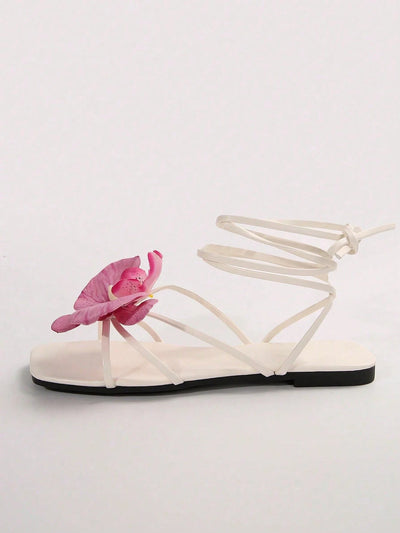 French Style Floral Strap Flat Slide Sandals