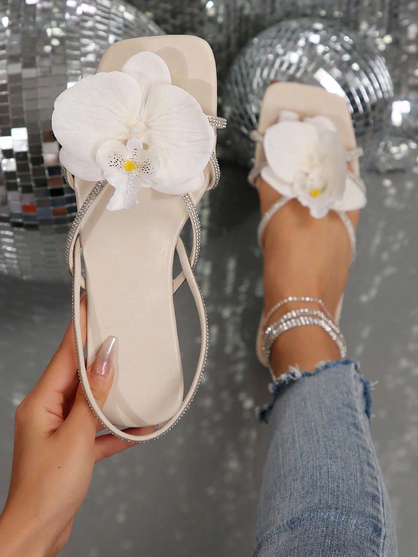 French Style Floral Strap Flat Slide Sandals