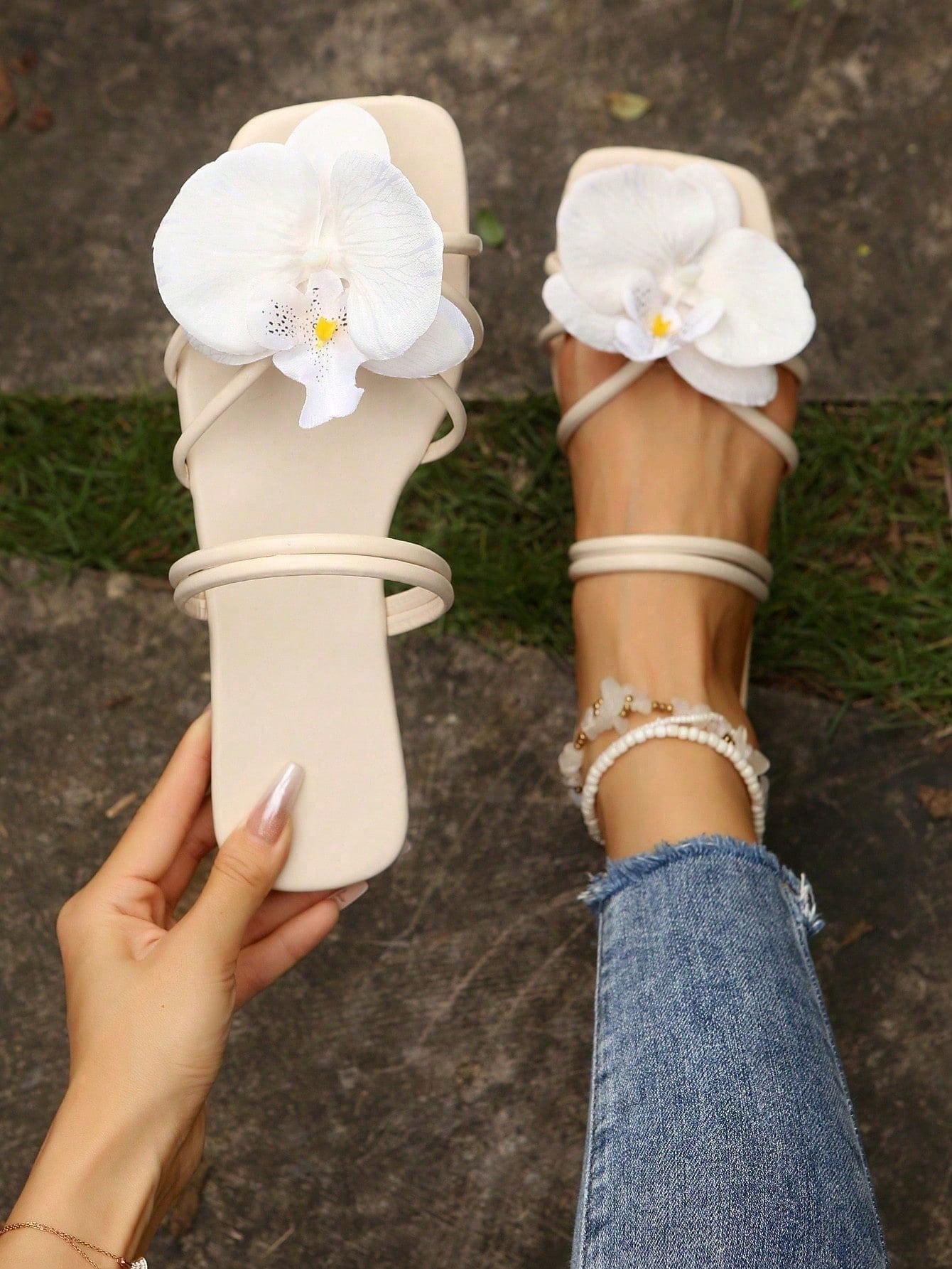 French Style Floral Strap Flat Slide Sandals