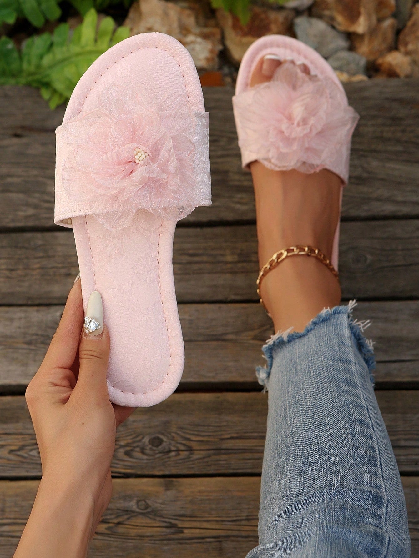 French Style Floral Strap Flat Slide Sandals