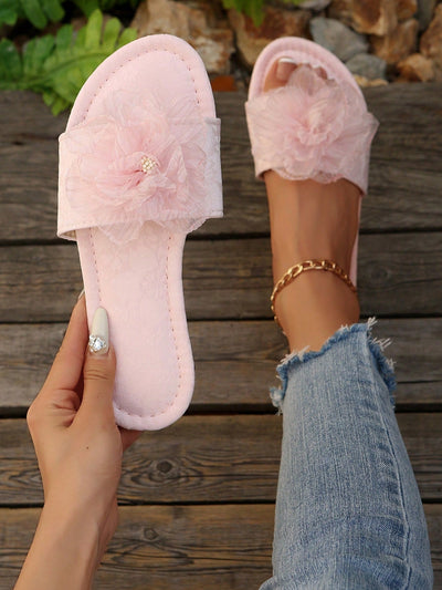 French Style Floral Strap Flat Slide Sandals