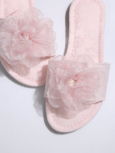 French Style Floral Strap Flat Slide Sandals