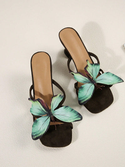 Square Toe Uncommon Design Butterfly Decor New Strap High Heel Sandals