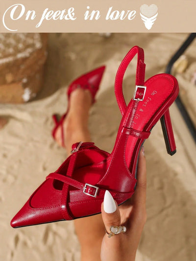 Women's Elegant Crisscross Strap Pointed Toe V-Cut Buckle High Heel Pumps