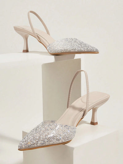Elegant Blue High Heel Sandals With Pointed Toe, Pearl & Rhinestone Detail