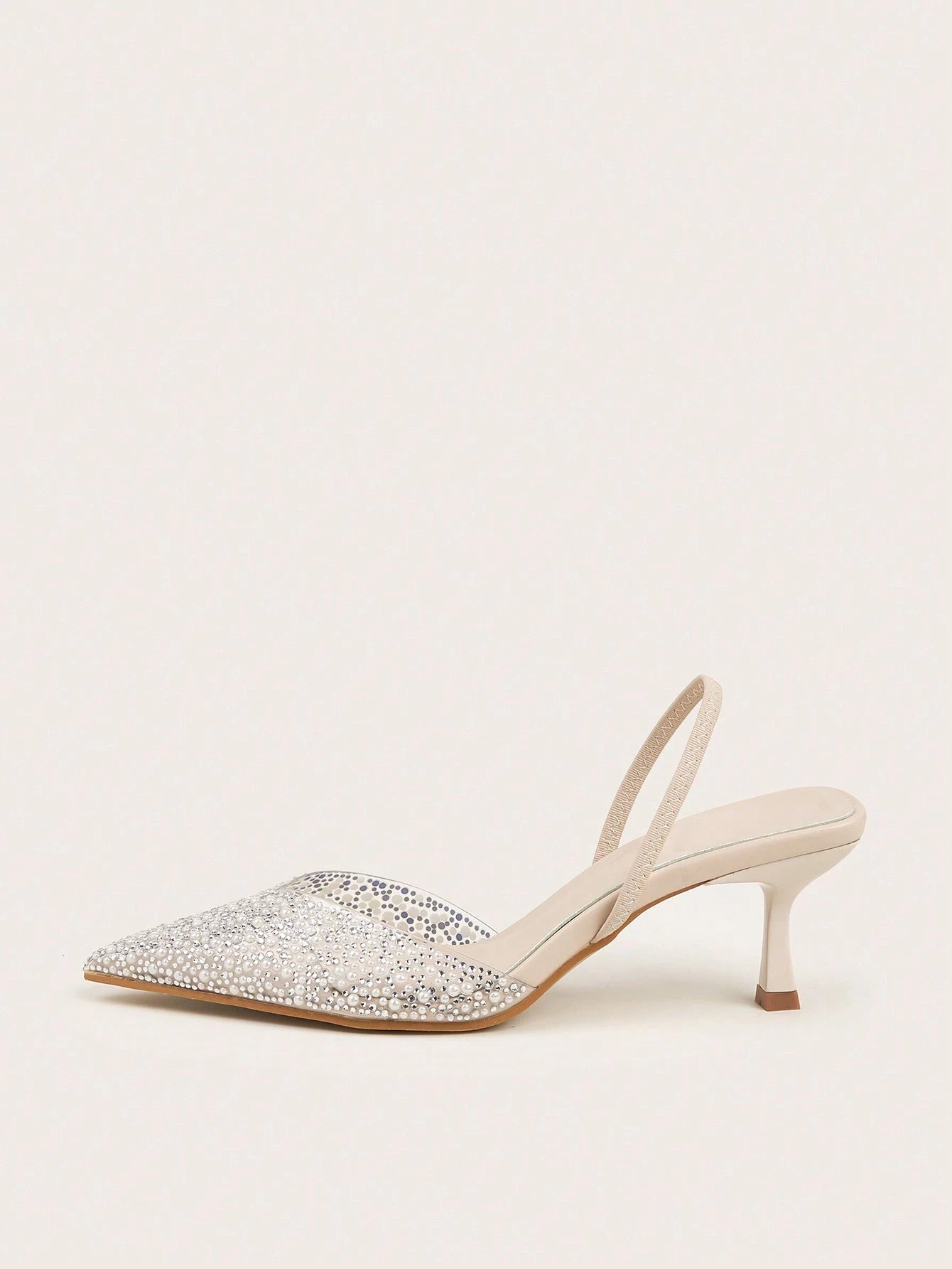 Elegant Blue High Heel Sandals With Pointed Toe, Pearl & Rhinestone Detail