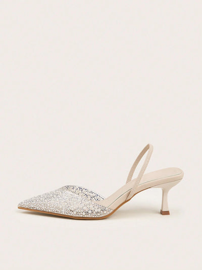 Elegant Blue High Heel Sandals With Pointed Toe, Pearl & Rhinestone Detail