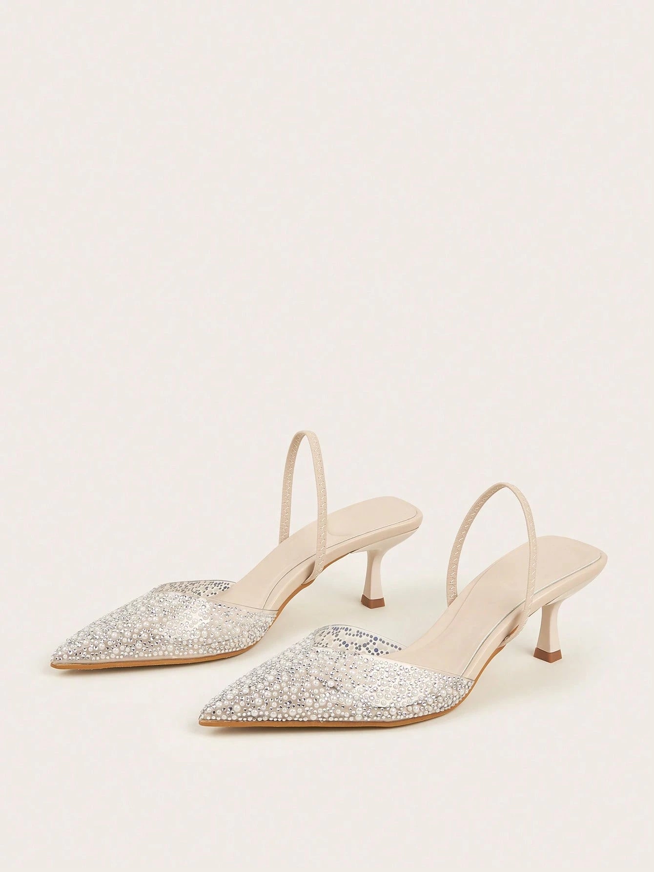 Elegant Blue High Heel Sandals With Pointed Toe, Pearl & Rhinestone Detail