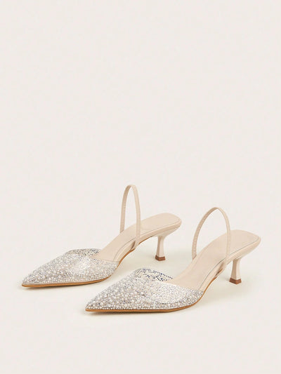Elegant Blue High Heel Sandals With Pointed Toe, Pearl & Rhinestone Detail