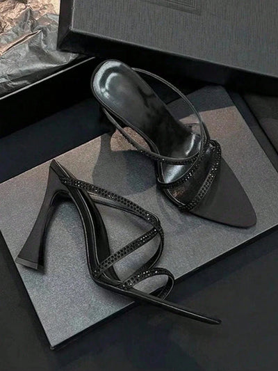 Rhinestone Decorated Satin Peep Toe Sexy Criss-Cross Strap High Heel Sandals