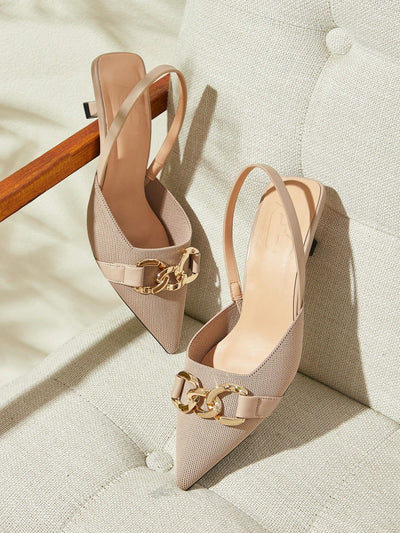 Women's Vintage Floral Print Metal Buckle Chain Design Pointed Toe Strap Kitten Heel Pumps