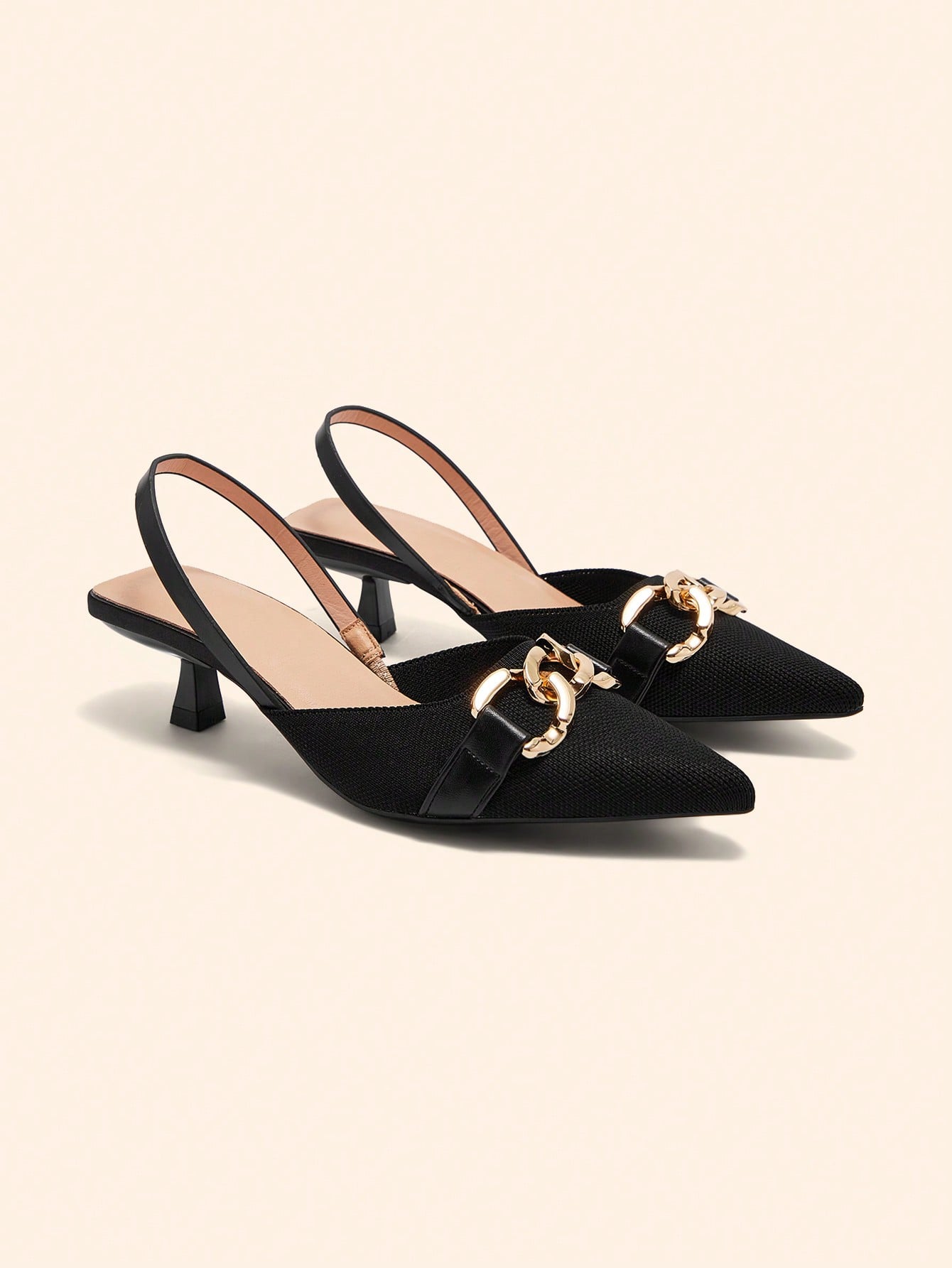 Women's Vintage Floral Print Metal Buckle Chain Design Pointed Toe Strap Kitten Heel Pumps
