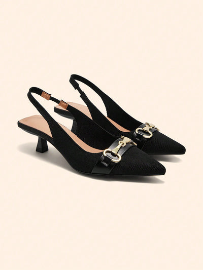 Women's Vintage Floral Print Metal Buckle Chain Design Pointed Toe Strap Kitten Heel Pumps