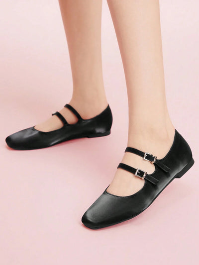 DOLLMOD Women's Double Buckle Design Casual Fashion Flat Loafers