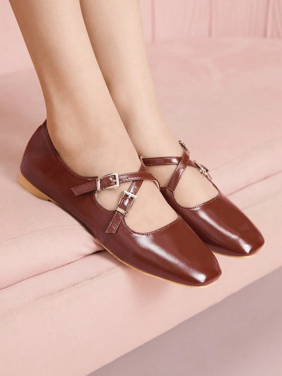 DOLLMOD Women's Double Buckle Design Casual Fashion Flat Loafers
