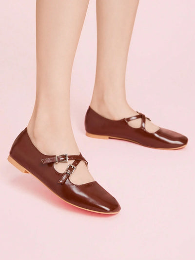 DOLLMOD Women's Double Buckle Design Casual Fashion Flat Loafers