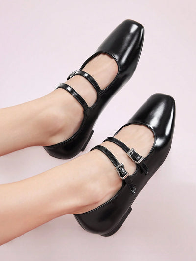 DOLLMOD Women's Double Buckle Design Casual Fashion Flat Loafers
