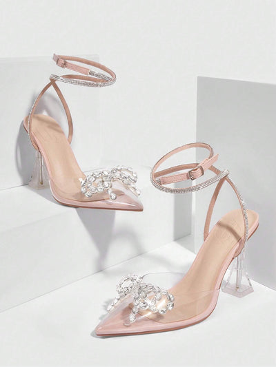 Women Fashionable Rhinestone Bow Detail Transparent High Heel