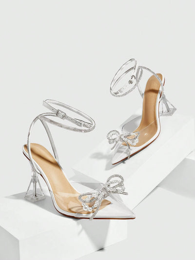 Women Fashionable Rhinestone Bow Detail Transparent High Heel
