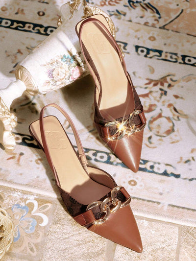 Women's Vintage Floral Print Metal Buckle Chain Design Pointed Toe Strap Kitten Heel Pumps