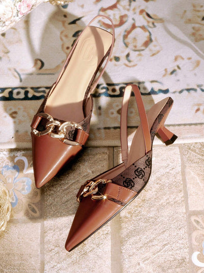 Women's Vintage Floral Print Metal Buckle Chain Design Pointed Toe Strap Kitten Heel Pumps